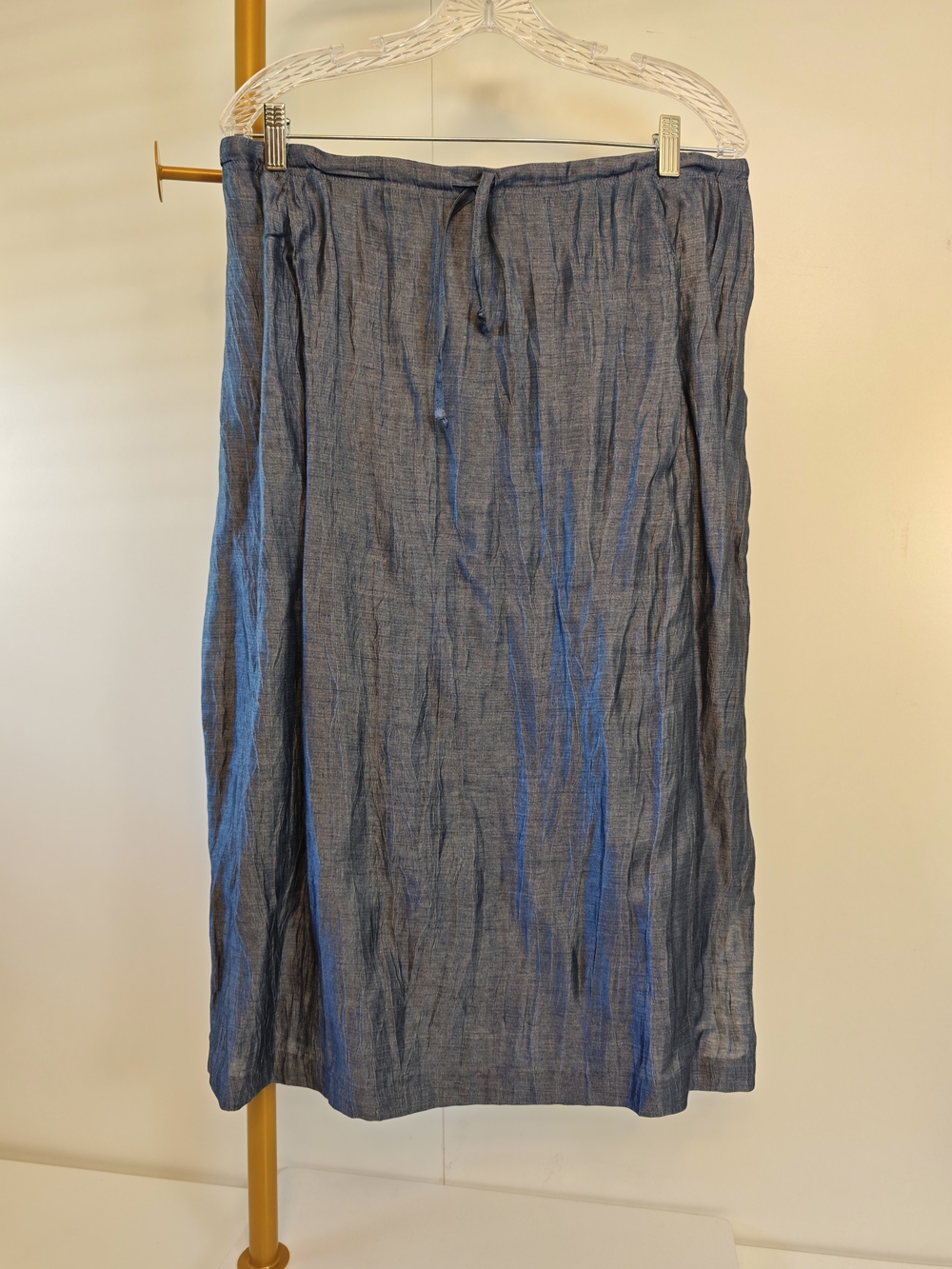 Vintage Linen Chambray Blue Drawstring Midi Skirt - Women's Casual 1X Side Split